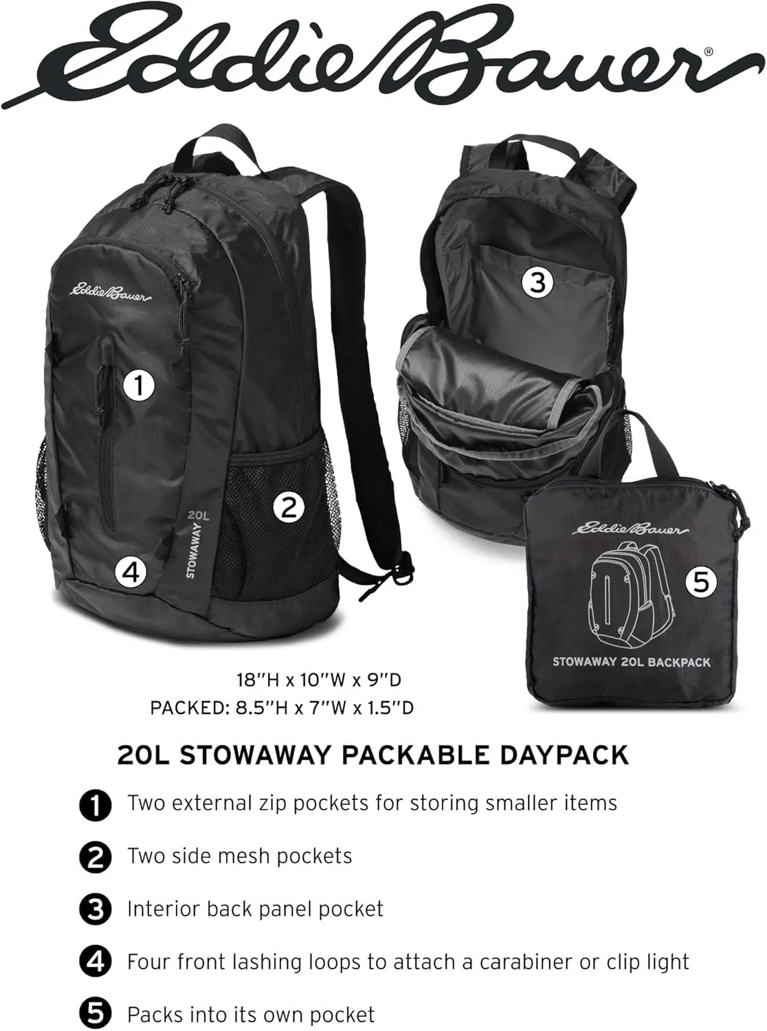Eddie Bauer Stowaway Packable Backpack-Made from Ripstop Polyester, Tobacco, 20L