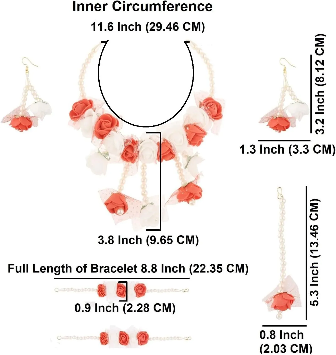 Efulgenz Flower Jewelry Set Floral Jewelry Indian Handmade Faux Pearl Beaded Necklace Earrings Maangtikka Bracelet Jewelry Set for Bridal Wedding Haldi Mehandi Jewelry for Women