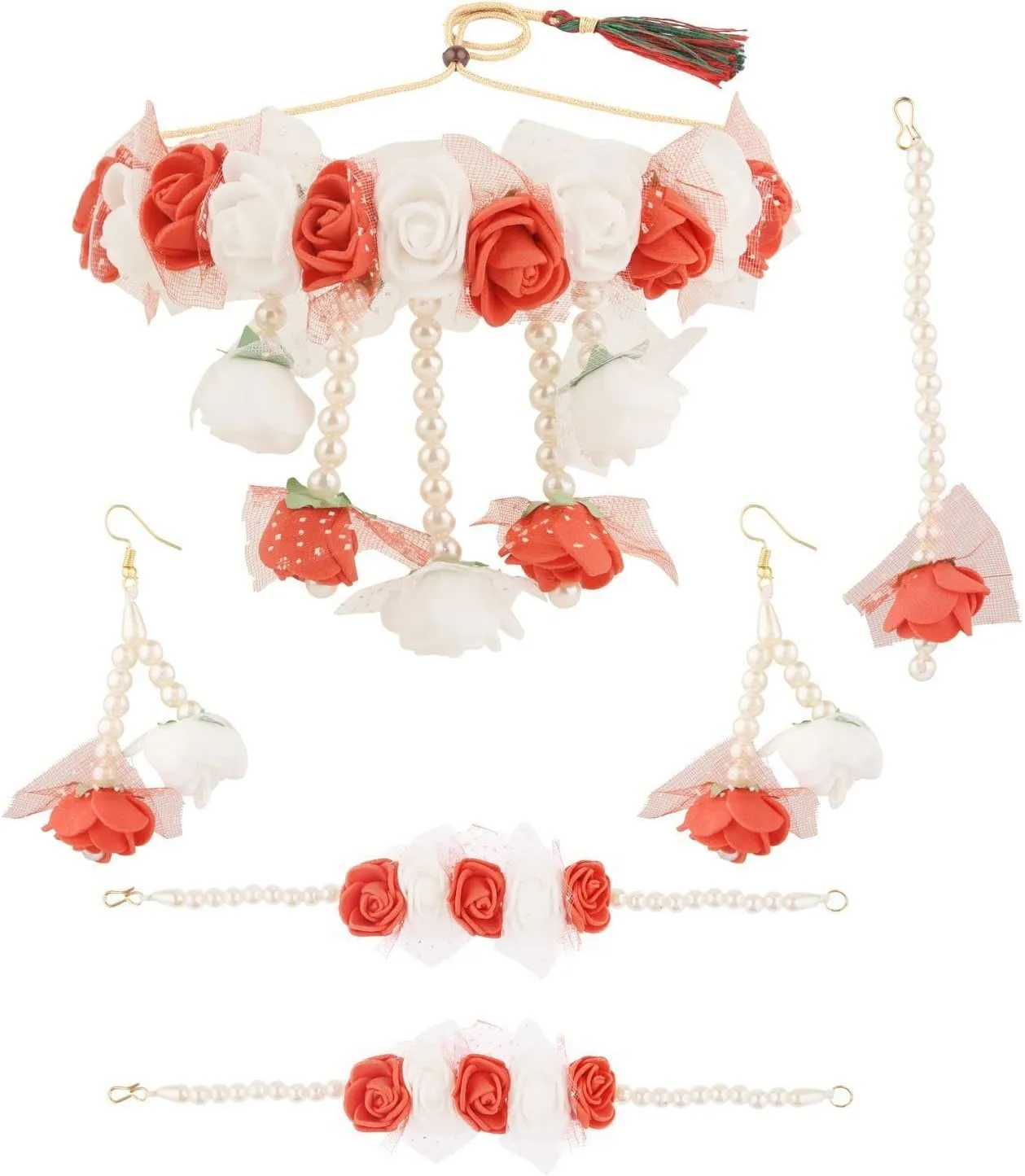 Efulgenz Flower Jewelry Set Floral Jewelry Indian Handmade Faux Pearl Beaded Necklace Earrings Maangtikka Bracelet Jewelry Set for Bridal Wedding Haldi Mehandi Jewelry for Women