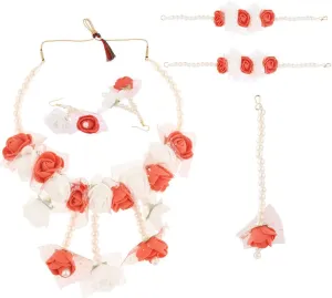 Efulgenz Flower Jewelry Set Floral Jewelry Indian Handmade Faux Pearl Beaded Necklace Earrings Maangtikka Bracelet Jewelry Set for Bridal Wedding Haldi Mehandi Jewelry for Women