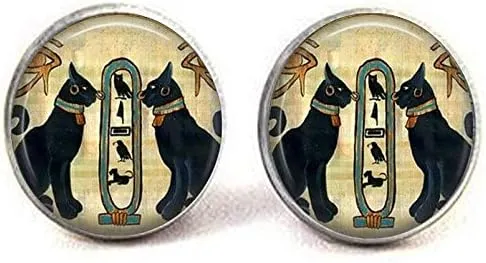 Egyptian Cat Jewelry, Egyptian Cat Cufflinks, Egypt Vintage Charm Jewelry Glass Photo Jewelry