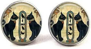 Egyptian Cat Jewelry, Egyptian Cat Cufflinks, Egypt Vintage Charm Jewelry Glass Photo Jewelry