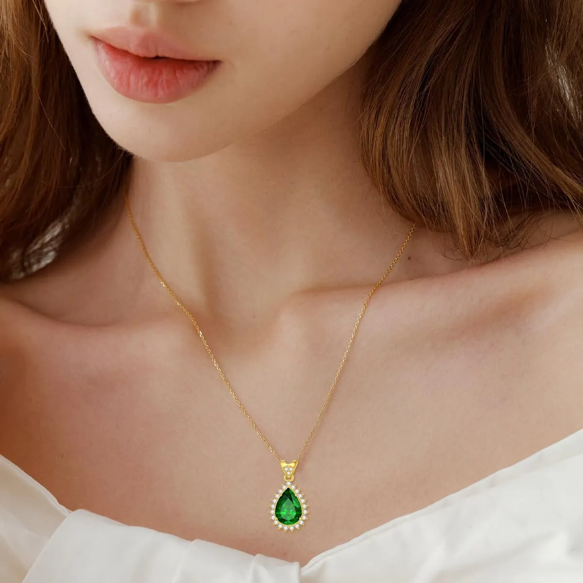 Emerald Necklaces for Women 18K Gold Plated Silver Teardrop Green Emerald Pendant Necklaces, May Birthstone 18 2"