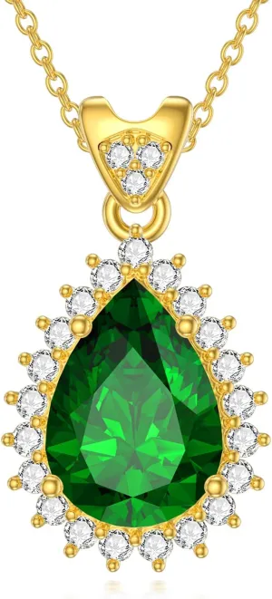 Emerald Necklaces for Women 18K Gold Plated Silver Teardrop Green Emerald Pendant Necklaces, May Birthstone 18 2"