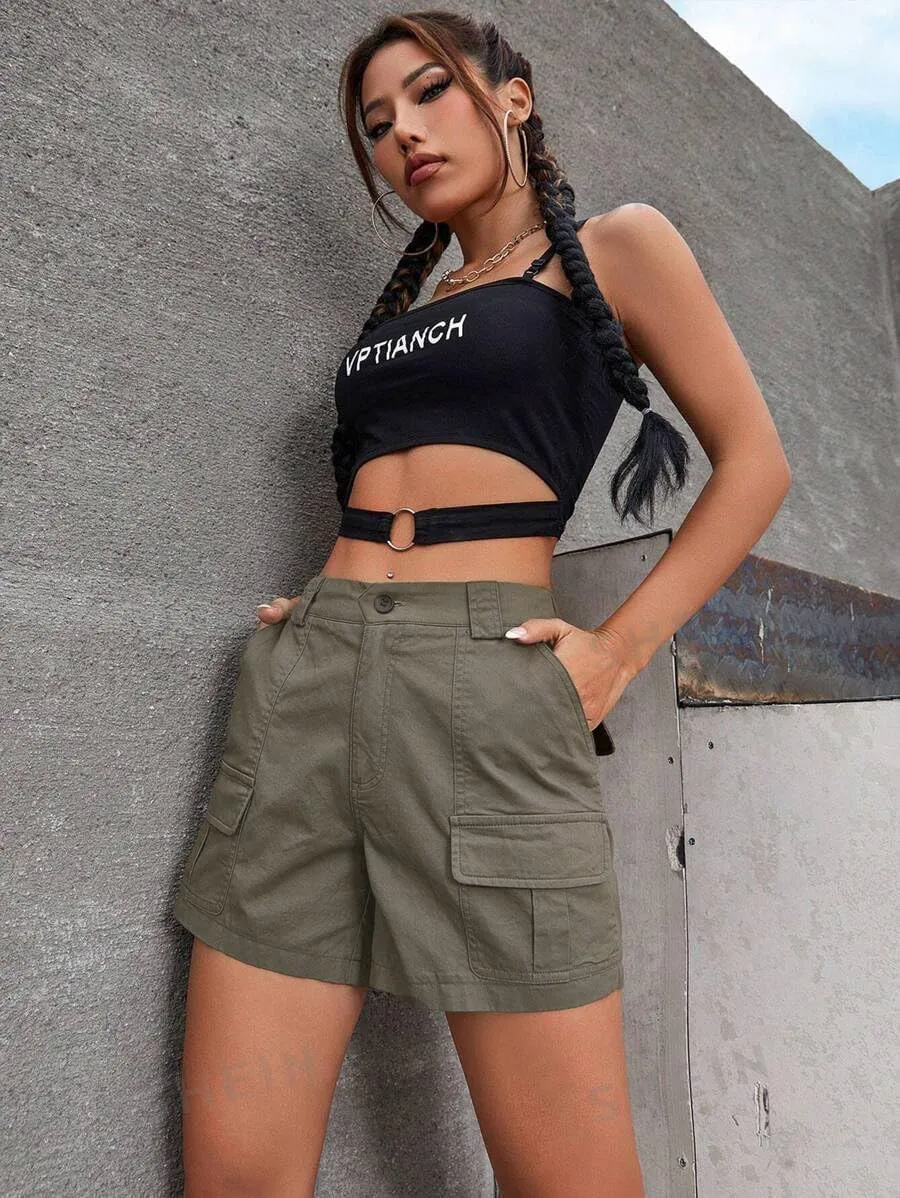 EMMIOL Cargo Shorts for Women 2024 Casual Summer Elastic High Waisted Button Up Comfy Cotton Hiking Shorts with Pockets