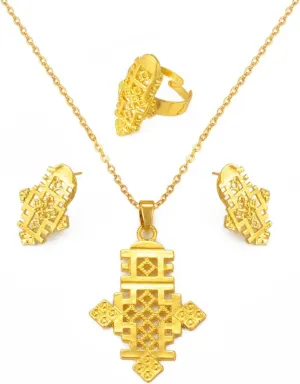 Ethiopian Jewelry - Ethiopian Jewelry for Women Set - Etiopian Jewelry - Ethiopian Cross Jewelry Sets Necklace Earrings Ring for Women Gold Color Eritrean African Bridal