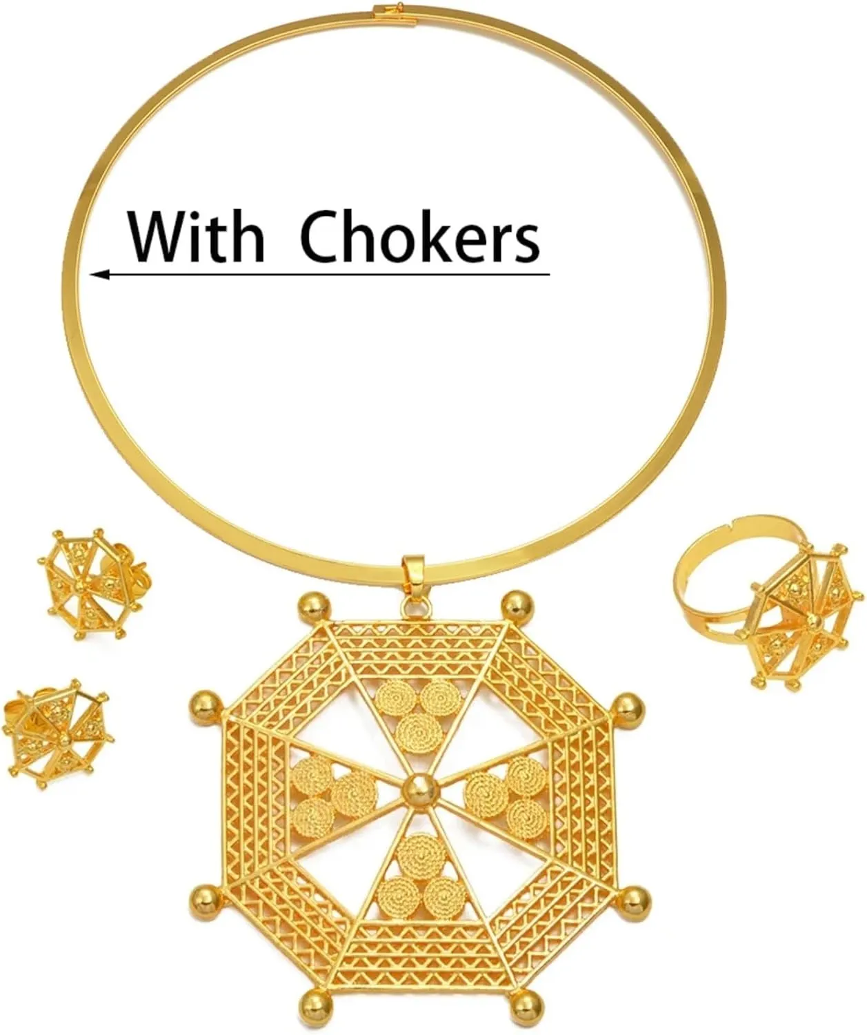 Ethiopian Jewelry Set Chokers - Ethiopian Jewelry - Ethiopian Jewelry for Women Set - Ethiopian Eritrea Jewelry Sets Necklaces Earrings Ring for Women African Ethnic Wedding Gifts