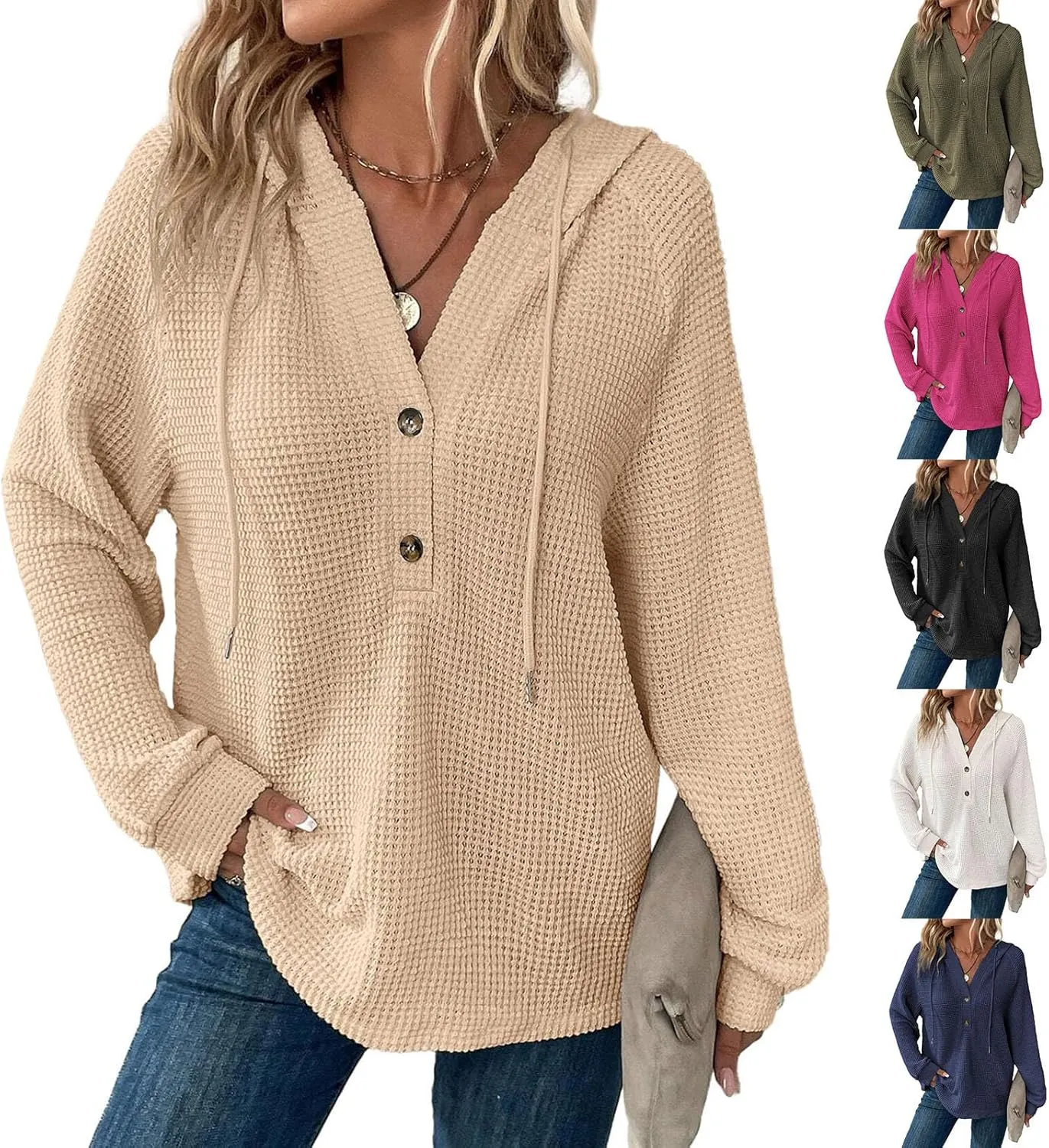 Fall Hoodies for Women Waffle Knit Raglan Long Sleeve Tops V Neck Button Down Shirts Hooded Tunic Pullover Sweaters