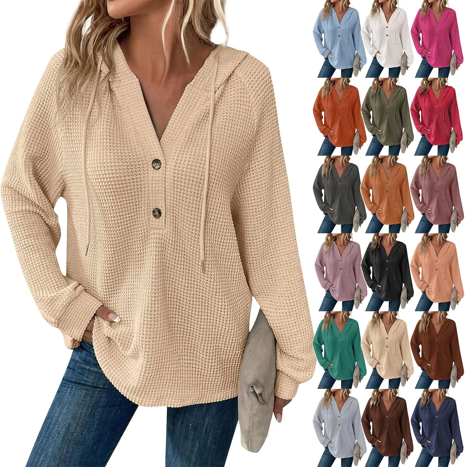 Fall Hoodies for Women Waffle Knit Raglan Long Sleeve Tops V Neck Button Down Shirts Hooded Tunic Pullover Sweaters