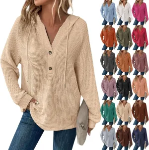 Fall Hoodies for Women Waffle Knit Raglan Long Sleeve Tops V Neck Button Down Shirts Hooded Tunic Pullover Sweaters