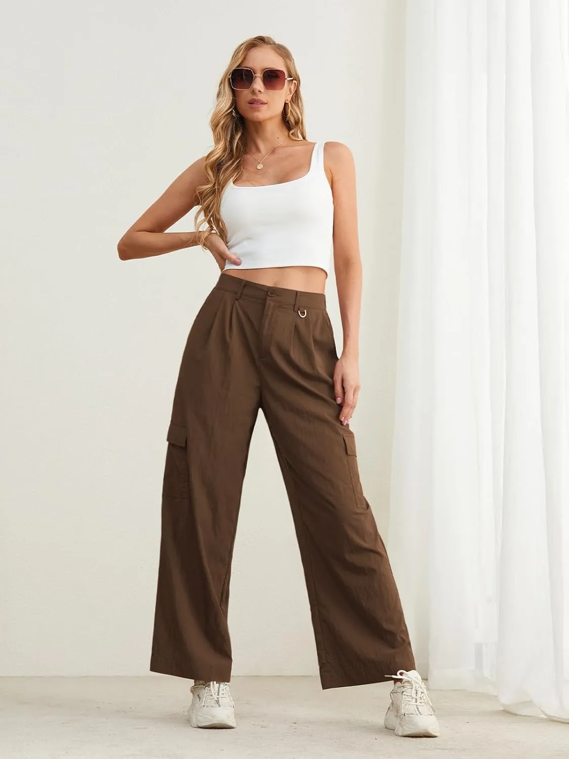 Feiersi Women Wide Leg Cargo Pants High Waisted Casual Baggy Streetwear Women Cargo Pants Trousers