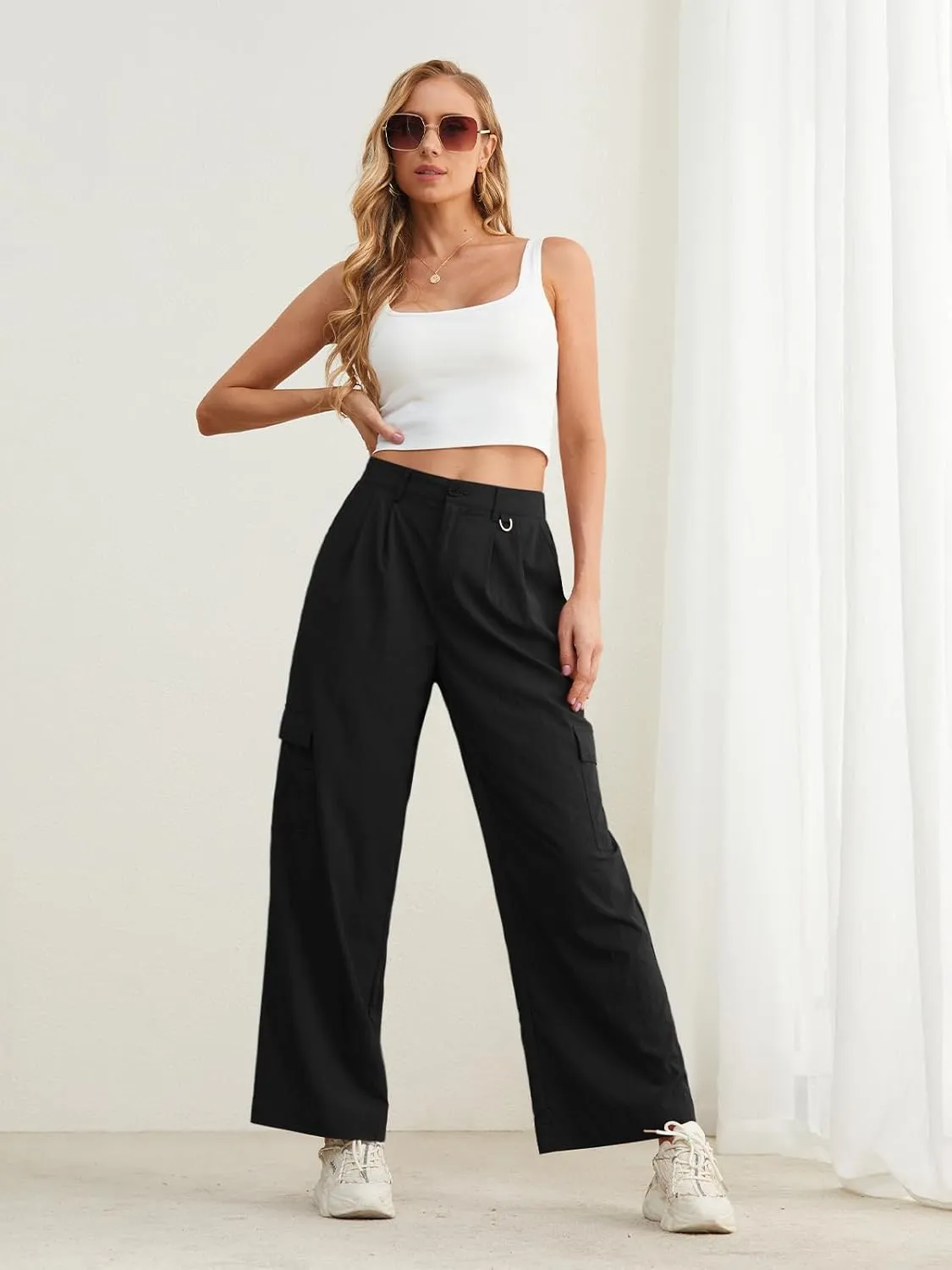 Feiersi Women Wide Leg Cargo Pants High Waisted Casual Baggy Streetwear Women Cargo Pants Trousers