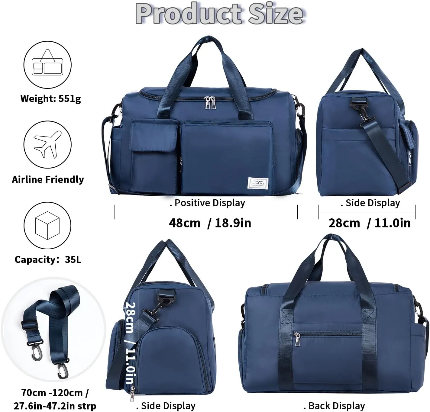 FIORETTO Women's Gym Duffle Bag with Shoes Compartment, 37L Capacity, Ideal for Travel, Gym, Sports, Duffel, Weekender
