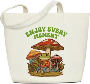 Floral Canvas Tote Bag For Women - Frog Mushroom Tote Bag Enjoy Every Moment, Beach Bags for Work Shopping, Grocery Travel Bag Birthday Gifts for Mom Sister Friends -20