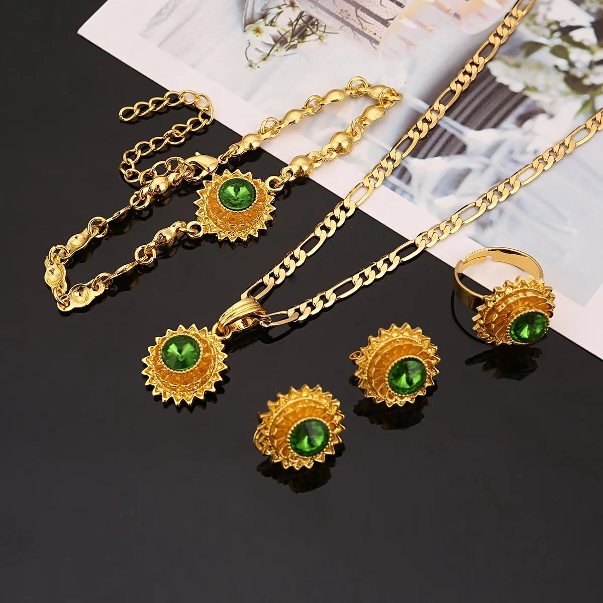 Flower Jewelry Set Ethiopian Gold Jewelry Sets Earrings Pendant Ring with Stone African Habesha Nigeria Jewelry