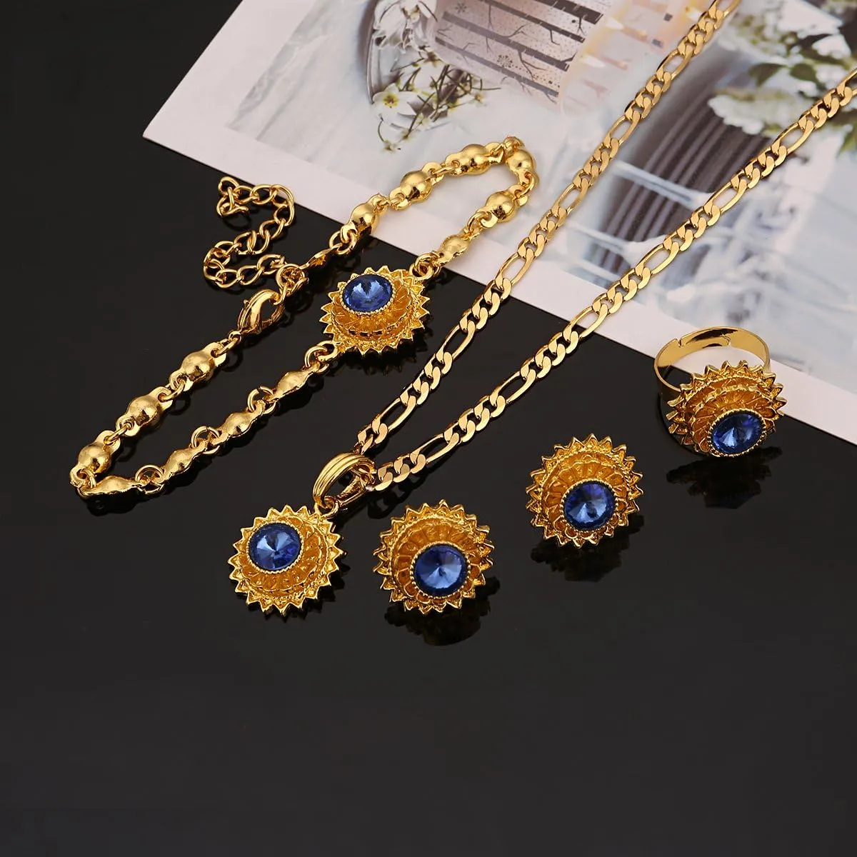 Flower Jewelry Set Ethiopian Gold Jewelry Sets Earrings Pendant Ring with Stone African Habesha Nigeria Jewelry