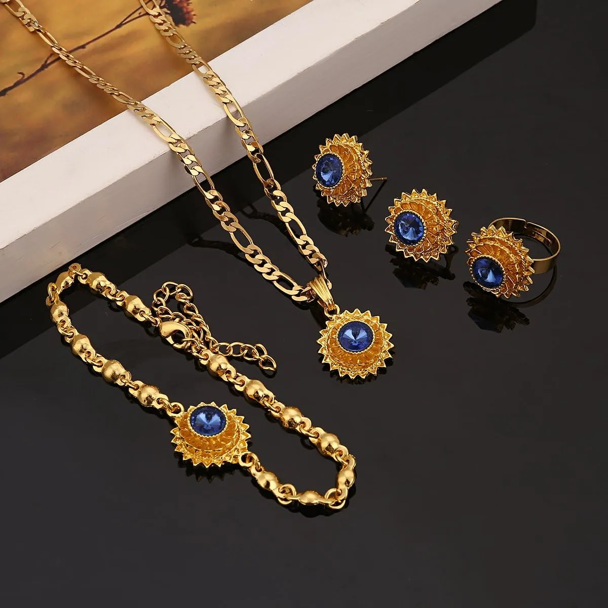Flower Jewelry Set Ethiopian Gold Jewelry Sets Earrings Pendant Ring with Stone African Habesha Nigeria Jewelry