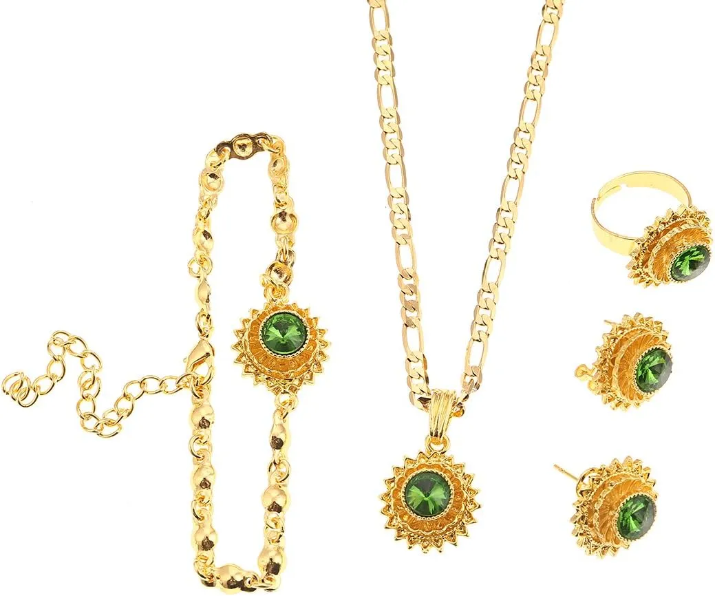 Flower Jewelry Set Ethiopian Gold Jewelry Sets Earrings Pendant Ring with Stone African Habesha Nigeria Jewelry