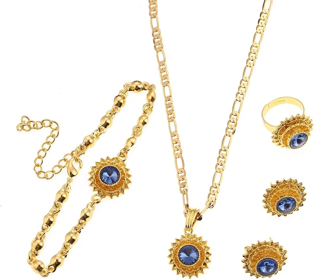 Flower Jewelry Set Ethiopian Gold Jewelry Sets Earrings Pendant Ring with Stone African Habesha Nigeria Jewelry