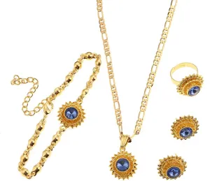 Flower Jewelry Set Ethiopian Gold Jewelry Sets Earrings Pendant Ring with Stone African Habesha Nigeria Jewelry