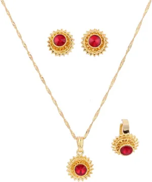 Flower Jewelry Set Ethiopian Gold Jewelry Sets Earrings Pendant Ring with Stone African Habesha Nigeria Jewelry