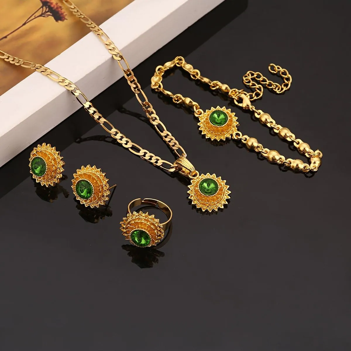 Flower Jewelry Set Ethiopian Gold Jewelry Sets Earrings Pendant Ring with Stone African Habesha Nigeria Jewelry