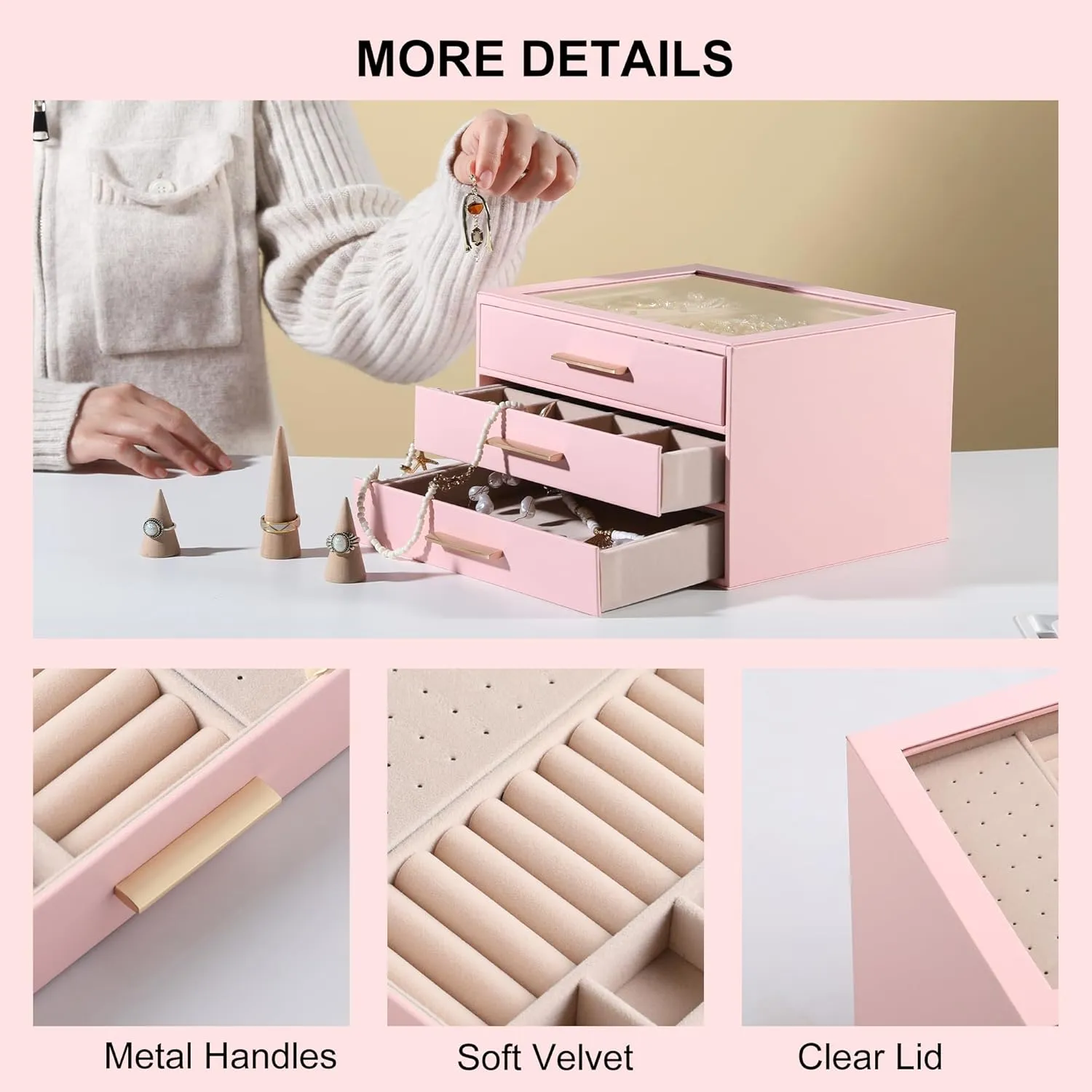 Frebeauty Jewelry Box with Clear Lid,Jewelry Organizer with 3 Drawer,PU Jewelry Organizers and Storage,Jewelry Boxes for Women,Earring Holder Organizer,Jewelry Storage for Rings(Pink)