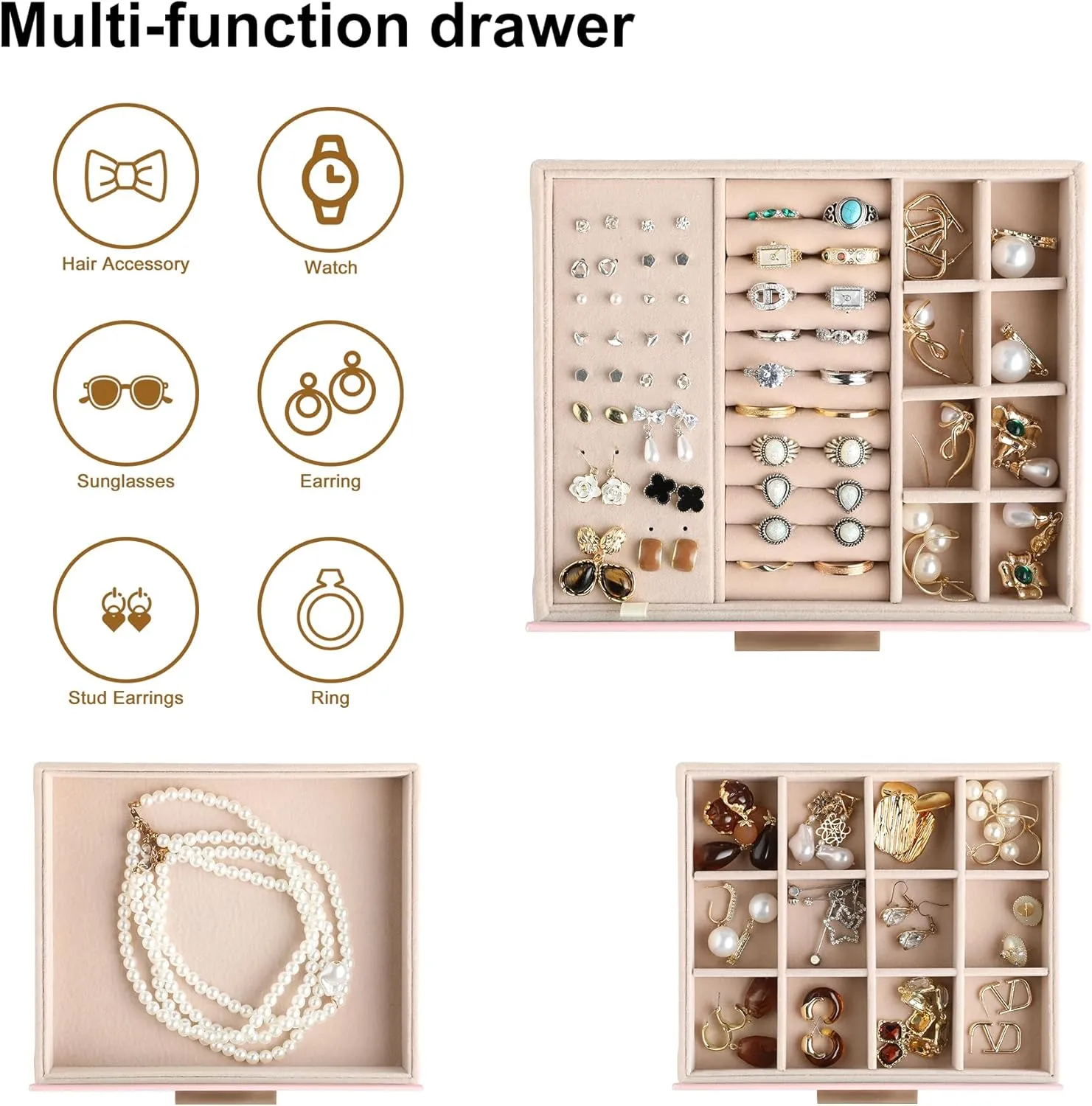 Frebeauty Jewelry Box with Clear Lid,Jewelry Organizer with 3 Drawer,PU Jewelry Organizers and Storage,Jewelry Boxes for Women,Earring Holder Organizer,Jewelry Storage for Rings(Pink)
