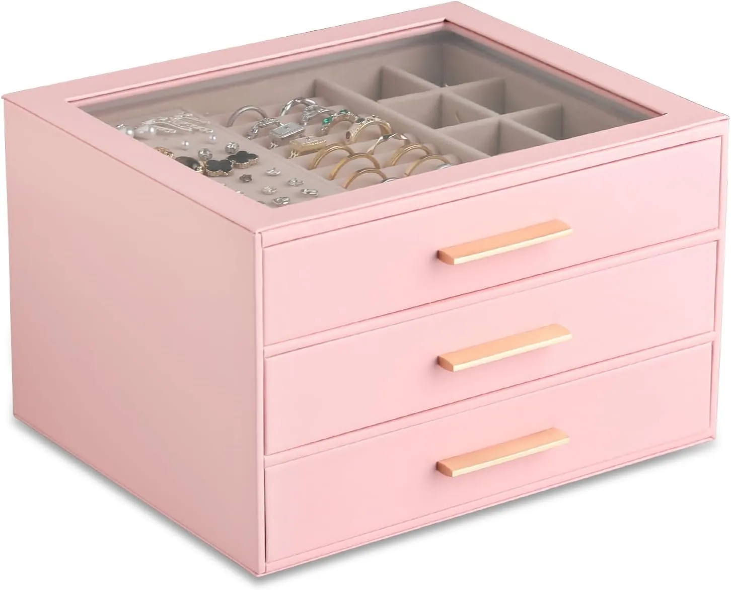 Frebeauty Jewelry Box with Clear Lid,Jewelry Organizer with 3 Drawer,PU Jewelry Organizers and Storage,Jewelry Boxes for Women,Earring Holder Organizer,Jewelry Storage for Rings(Pink)