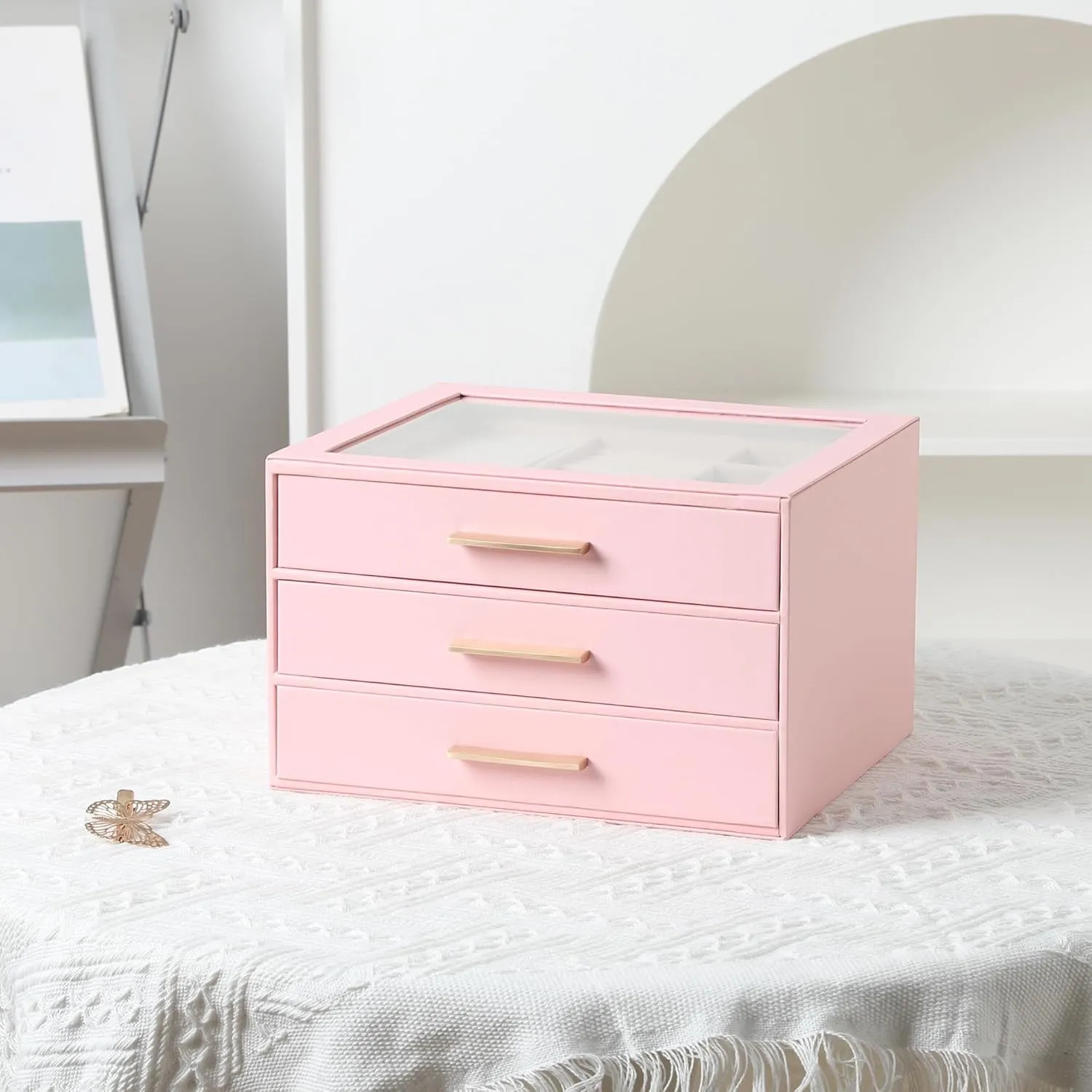 Frebeauty Jewelry Box with Clear Lid,Jewelry Organizer with 3 Drawer,PU Jewelry Organizers and Storage,Jewelry Boxes for Women,Earring Holder Organizer,Jewelry Storage for Rings(Pink)