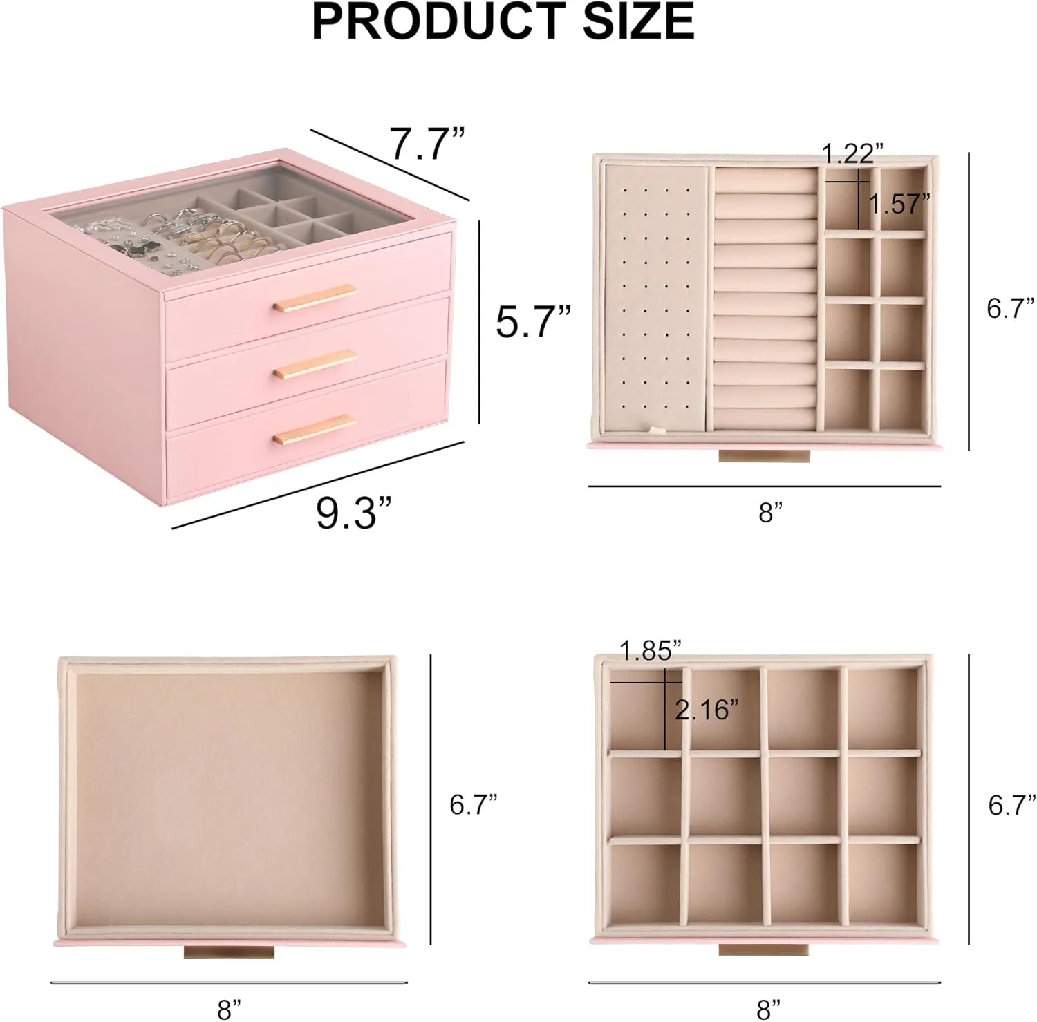 Frebeauty Jewelry Box with Clear Lid,Jewelry Organizer with 3 Drawer,PU Jewelry Organizers and Storage,Jewelry Boxes for Women,Earring Holder Organizer,Jewelry Storage for Rings(Pink)