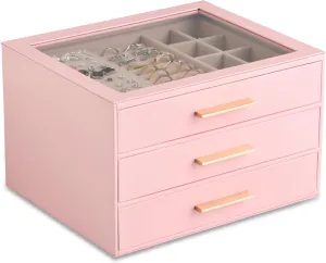 Frebeauty Jewelry Box with Clear Lid,Jewelry Organizer with 3 Drawer,PU Jewelry Organizers and Storage,Jewelry Boxes for Women,Earring Holder Organizer,Jewelry Storage for Rings(Pink)