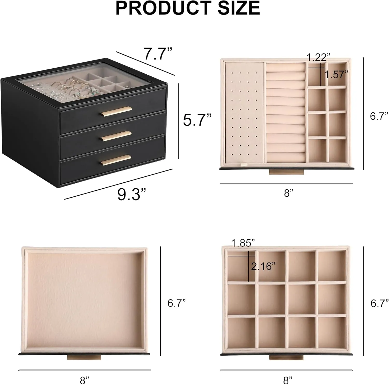 Frebeauty Jewelry Box with Clear Lid,Jewelry Organizer with 3 Drawer,PU Jewelry Organizers and Storage,Jewelry Boxes for Women,Earring Holder Organizer,Jewelry Storage(Black)