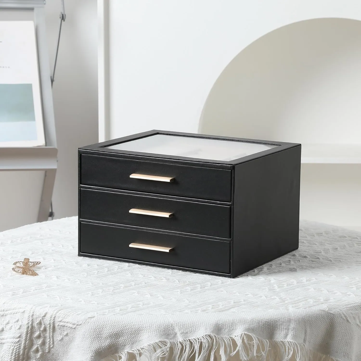 Frebeauty Jewelry Box with Clear Lid,Jewelry Organizer with 3 Drawer,PU Jewelry Organizers and Storage,Jewelry Boxes for Women,Earring Holder Organizer,Jewelry Storage(Black)