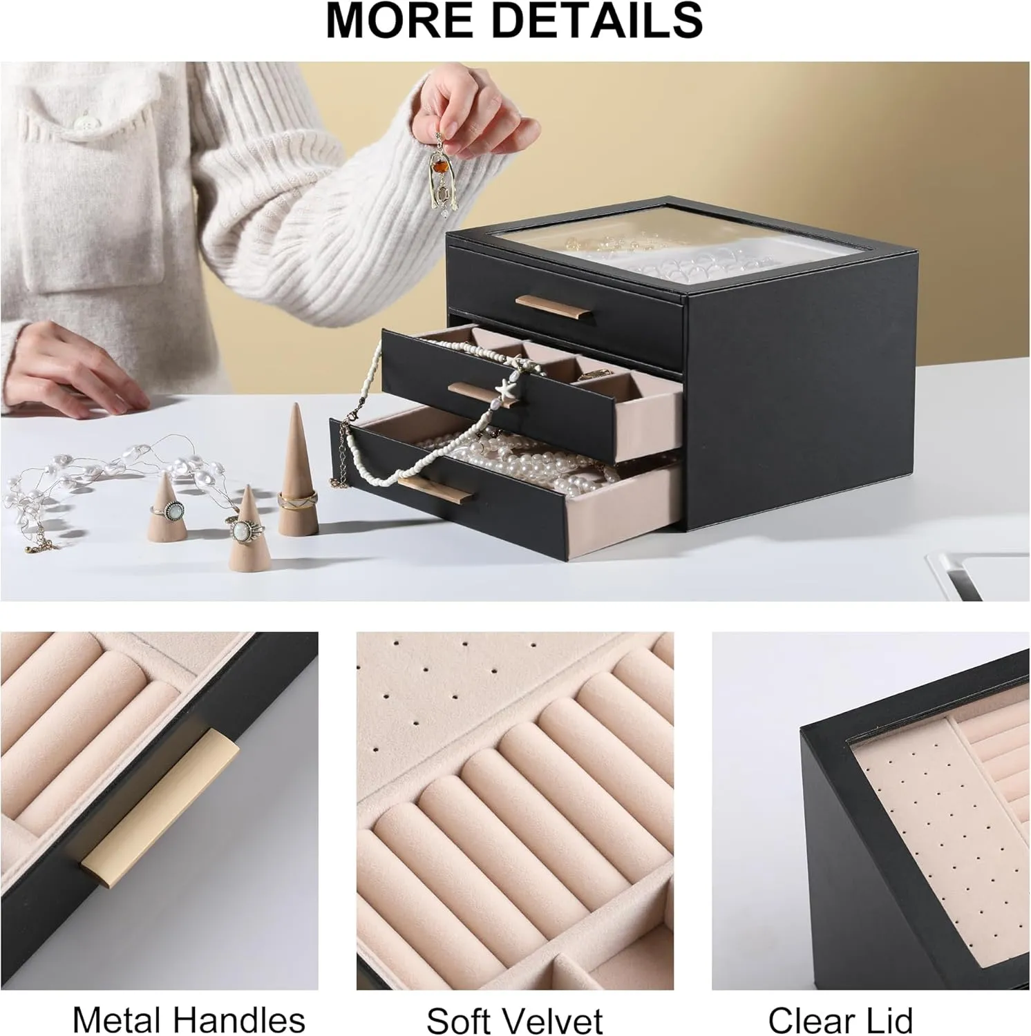 Frebeauty Jewelry Box with Clear Lid,Jewelry Organizer with 3 Drawer,PU Jewelry Organizers and Storage,Jewelry Boxes for Women,Earring Holder Organizer,Jewelry Storage(Black)