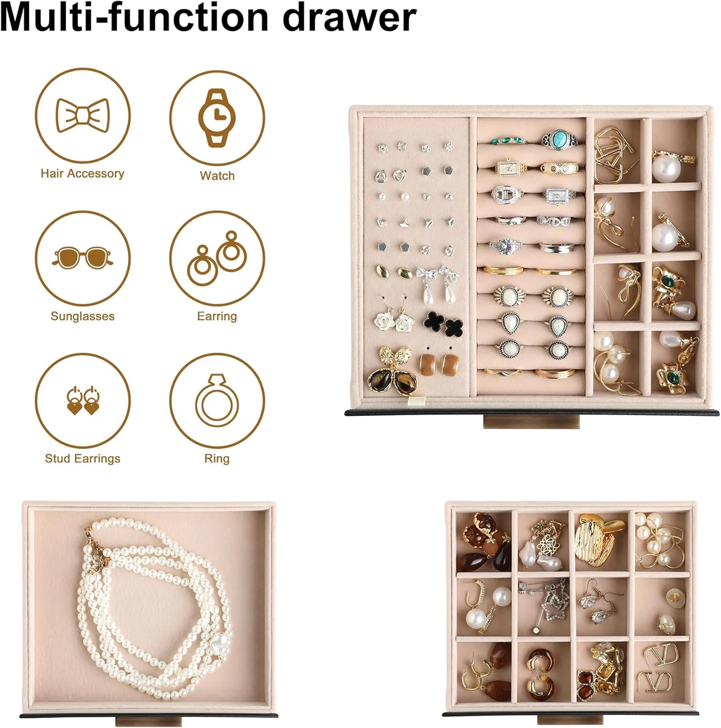 Frebeauty Jewelry Box with Clear Lid,Jewelry Organizer with 3 Drawer,PU Jewelry Organizers and Storage,Jewelry Boxes for Women,Earring Holder Organizer,Jewelry Storage(Black)