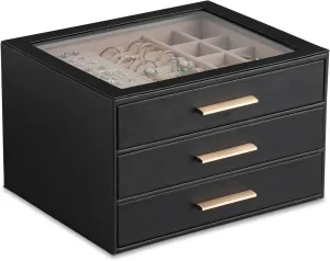Frebeauty Jewelry Box with Clear Lid,Jewelry Organizer with 3 Drawer,PU Jewelry Organizers and Storage,Jewelry Boxes for Women,Earring Holder Organizer,Jewelry Storage(Black)
