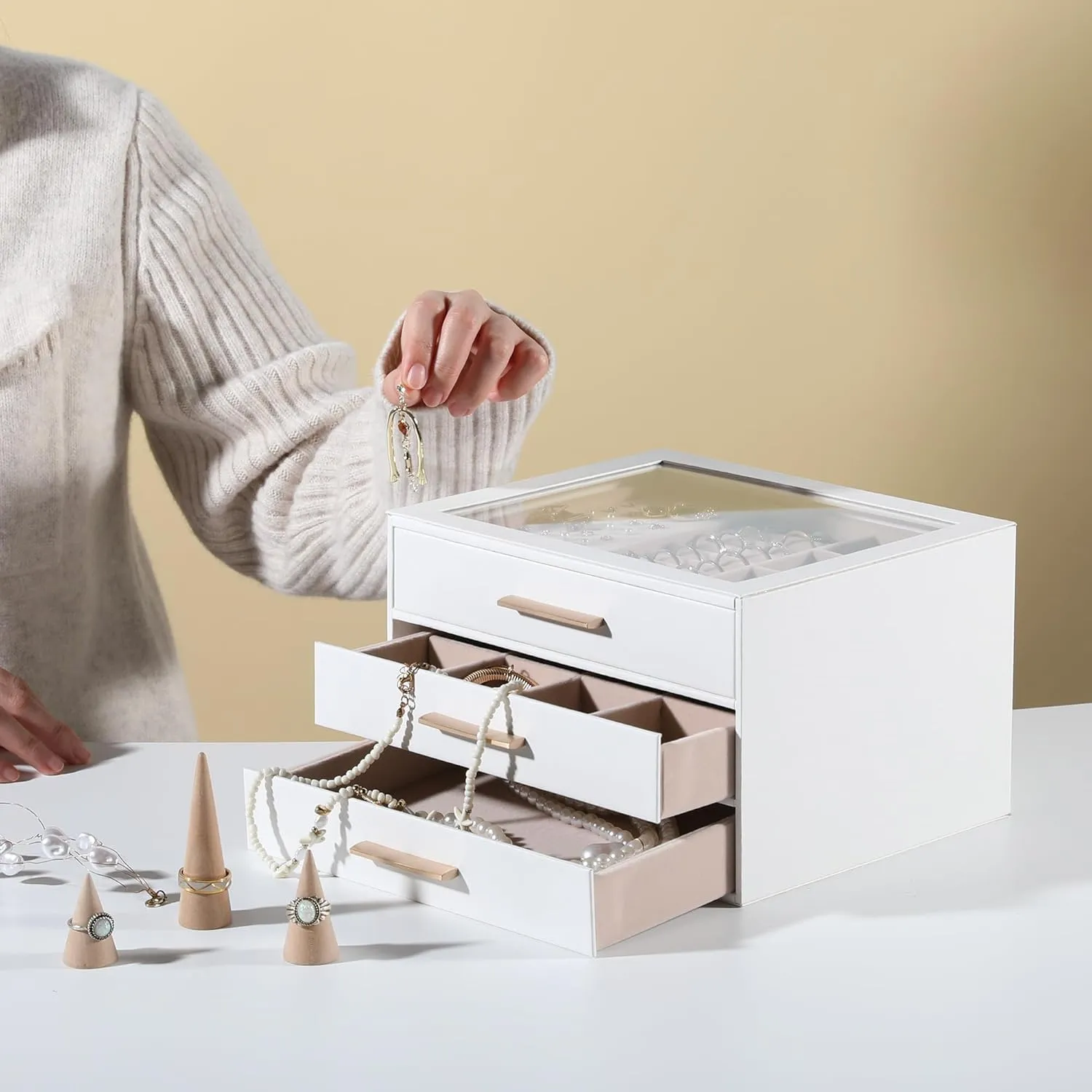 Frebeauty Jewelry Box with Clear Lid,Jewelry Organizer with 3 Drawer,PU Jewelry Organizers and Storage,Jewelry Boxes for Women,Earring Holder Organizer,Jewelry Storage(White)