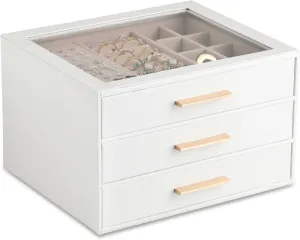 Frebeauty Jewelry Box with Clear Lid,Jewelry Organizer with 3 Drawer,PU Jewelry Organizers and Storage,Jewelry Boxes for Women,Earring Holder Organizer,Jewelry Storage(White)