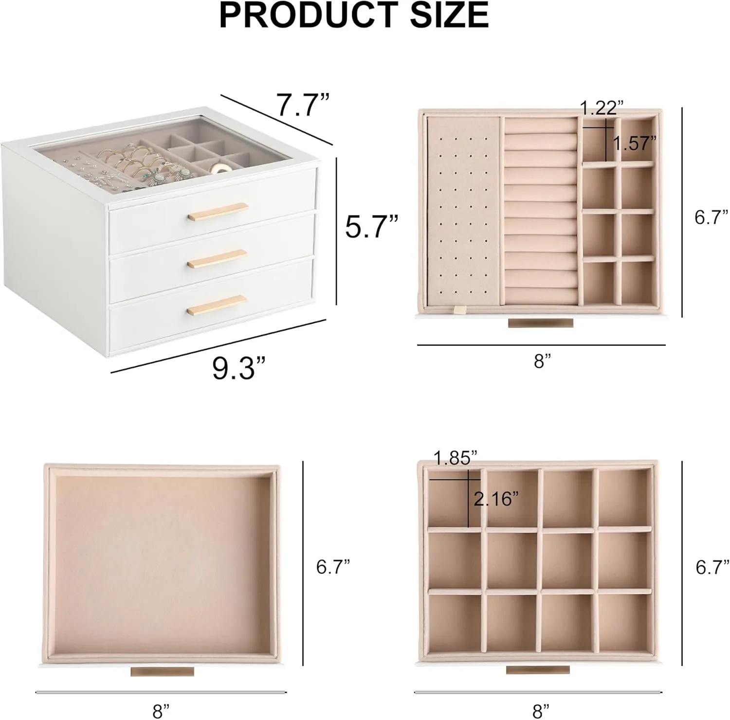 Frebeauty Jewelry Box with Clear Lid,Jewelry Organizer with 3 Drawer,PU Jewelry Organizers and Storage,Jewelry Boxes for Women,Earring Holder Organizer,Jewelry Storage(White)