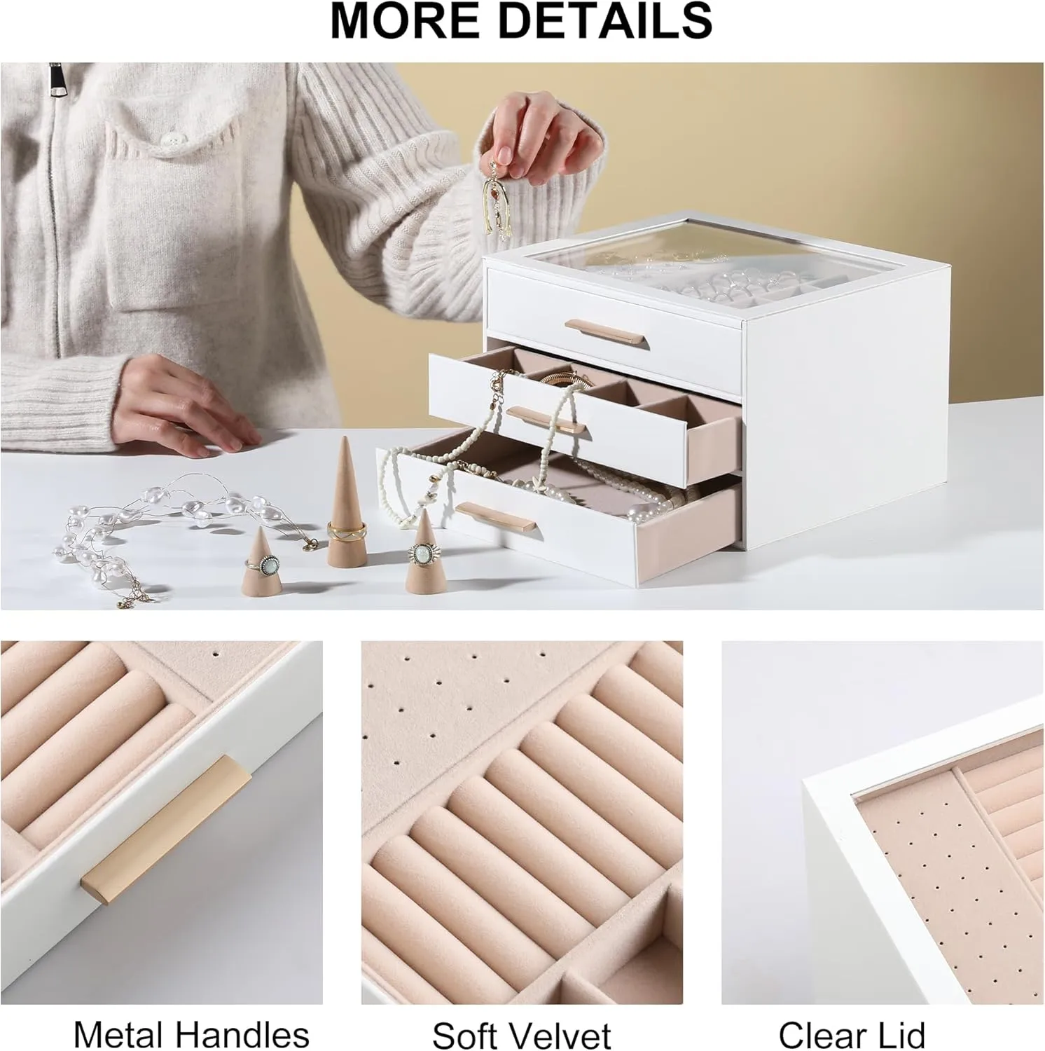 Frebeauty Jewelry Box with Clear Lid,Jewelry Organizer with 3 Drawer,PU Jewelry Organizers and Storage,Jewelry Boxes for Women,Earring Holder Organizer,Jewelry Storage(White)