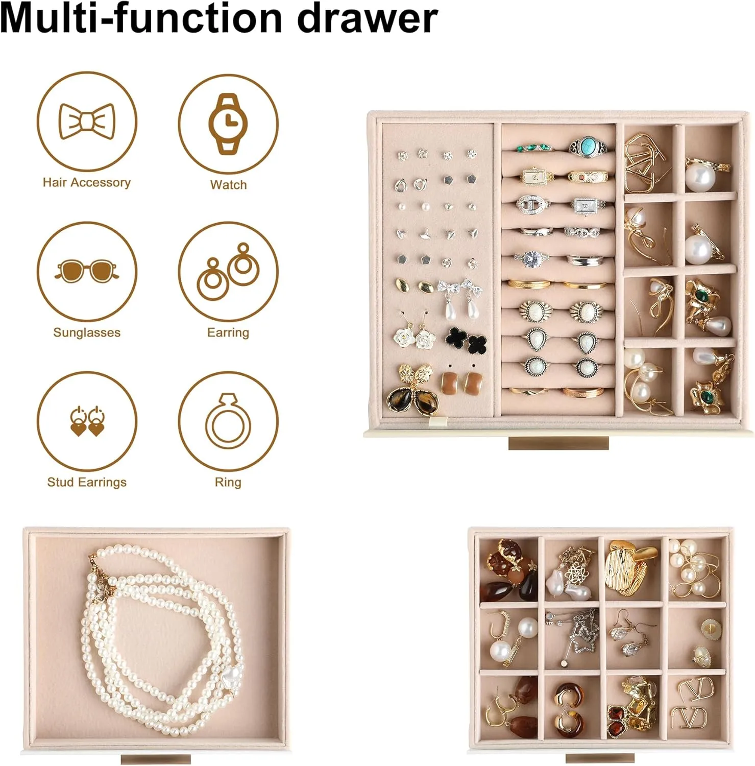 Frebeauty Jewelry Box with Clear Lid,Jewelry Organizer with 3 Drawer,PU Jewelry Organizers and Storage,Jewelry Boxes for Women,Earring Holder Organizer,Jewelry Storage(White)