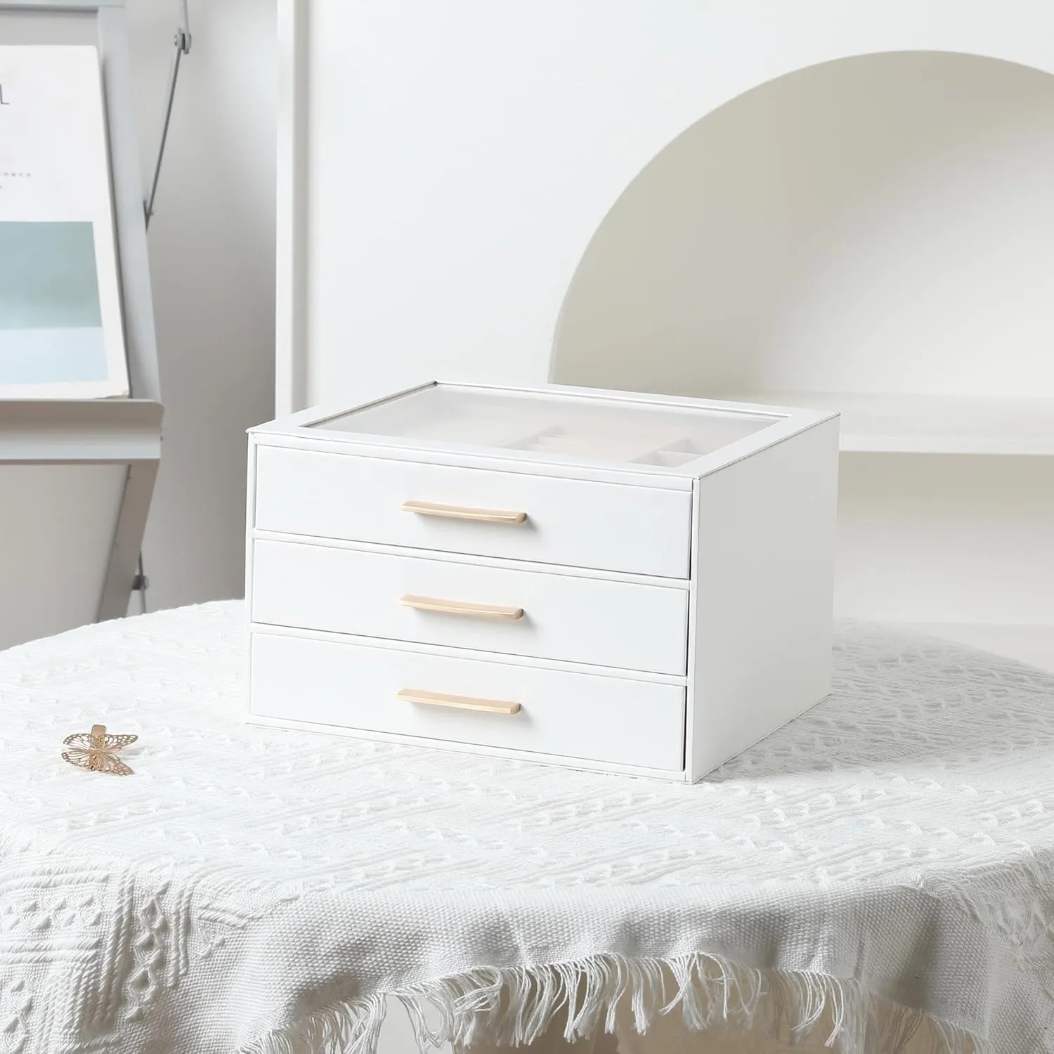 Frebeauty Jewelry Box with Clear Lid,Jewelry Organizer with 3 Drawer,PU Jewelry Organizers and Storage,Jewelry Boxes for Women,Earring Holder Organizer,Jewelry Storage(White)