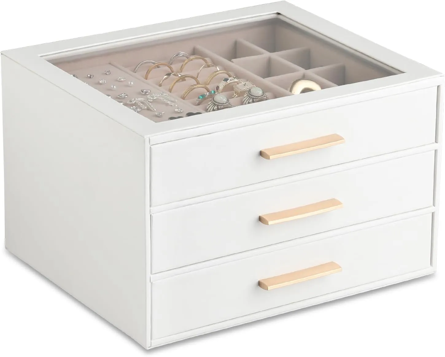 Frebeauty Jewelry Box with Clear Lid,Jewelry Organizer with 3 Drawer,PU Jewelry Organizers and Storage,Jewelry Boxes for Women,Earring Holder Organizer,Jewelry Storage(White)