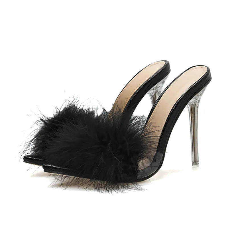 Fuzzy Mule Sandals Crystal High Heels