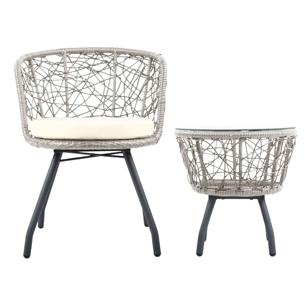 Gardeon 3-Piece Grey Rattan Bistro Set – Outdoor Patio Furniture with Cushioned Chairs and Table