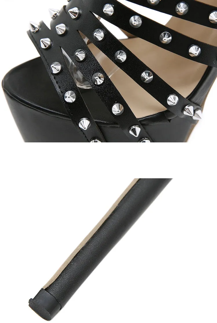 Gladiator Rivet Women High Sandals Summer Sexy Stripper  Thin Heels Shoes Platform Fashion Narrow Band Pumps