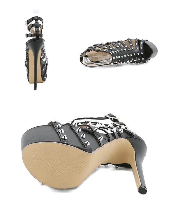 Gladiator Rivet Women High Sandals Summer Sexy Stripper  Thin Heels Shoes Platform Fashion Narrow Band Pumps