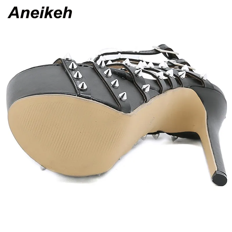 Gladiator Rivet Women High Sandals Summer Sexy Stripper  Thin Heels Shoes Platform Fashion Narrow Band Pumps