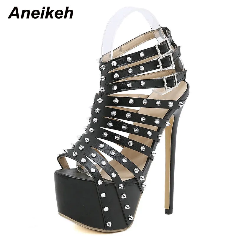 Gladiator Rivet Women High Sandals Summer Sexy Stripper  Thin Heels Shoes Platform Fashion Narrow Band Pumps